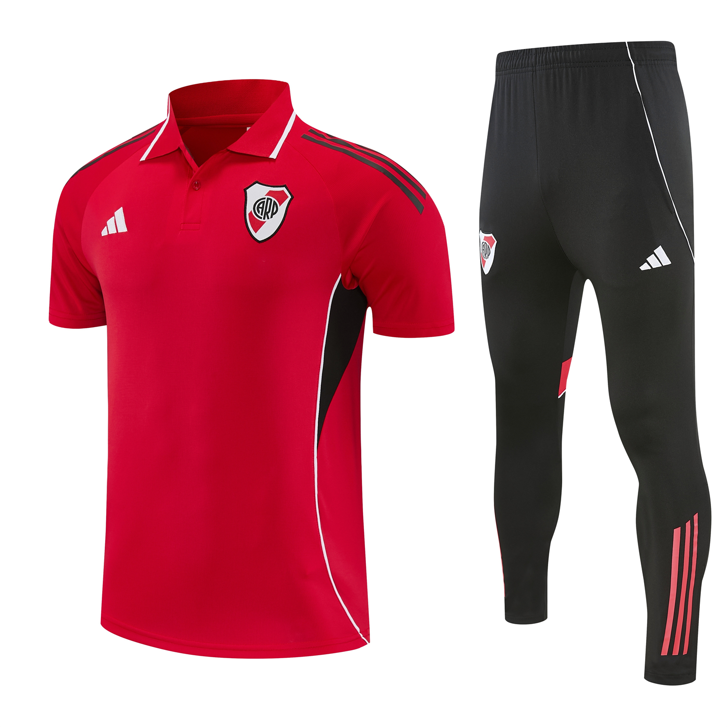 AlphaJersey-River Plate 25-26 POLO Short-Sleeve Training Set - Red Top and Black Pants