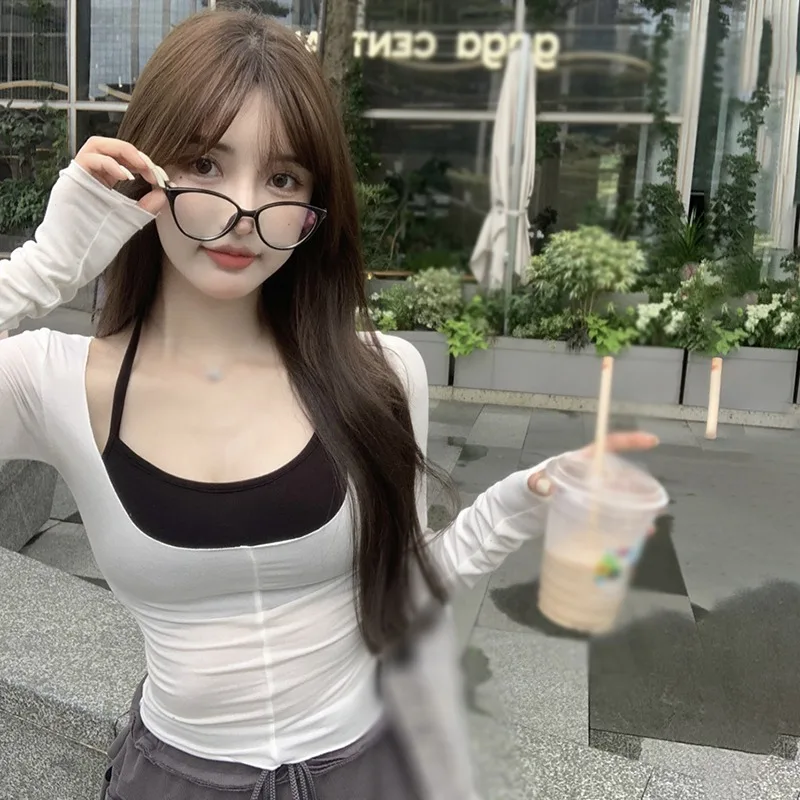 Spring Slim Long Sleeves T-shirt Women's Short Camisole Summer Outdoor Street Mall Shopping Tops Cooling Clothes Two Piece Set