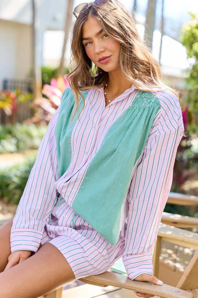 Palm Grove Light Pink and Green Multi Stripe Button Down Shirt | Elegant Women's Fashion by coolavocek