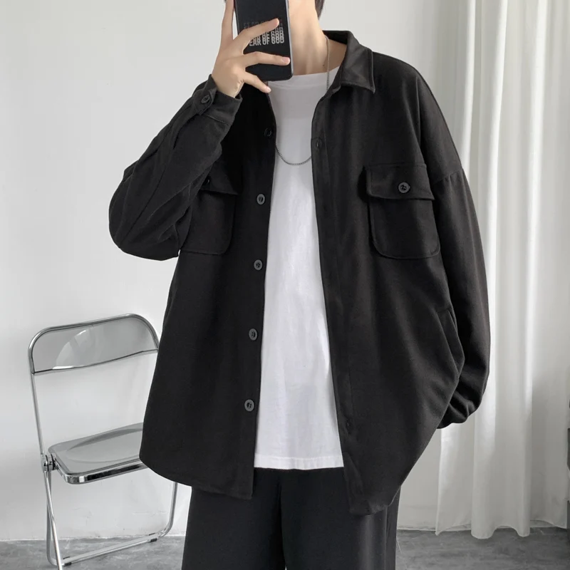 Hanbok Retro Thick Woolen Shirt, Men's Autumn and Winter Long-sleeved Brown Lapel Top, Casual Loose Harajuku Couple Suit