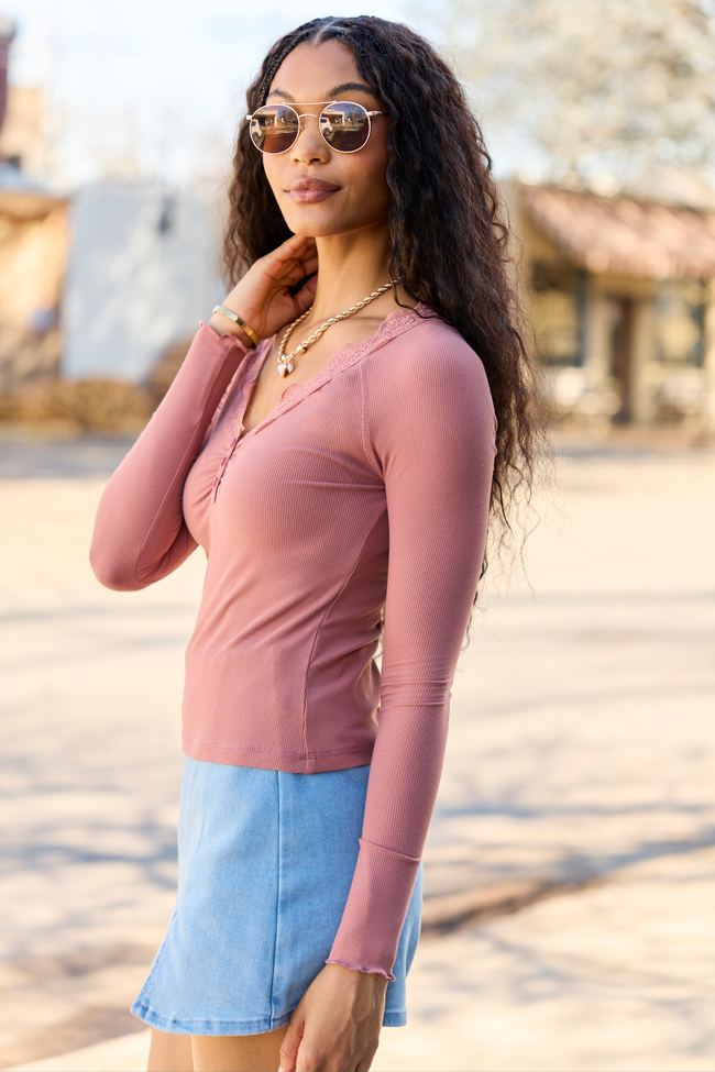 Amity Blush Long Sleeve Lace Trim Top | Elegant Women's Fashion by coolavocek