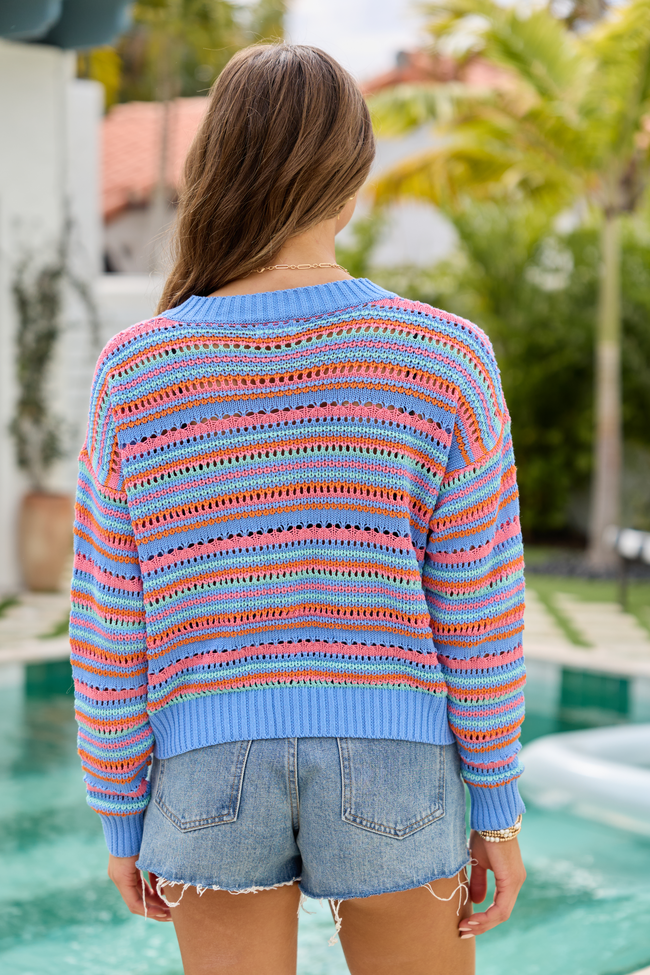 Party Cove Blue Multi Striped Open Knit Sweater | Elegant Women's Fashion by coolavocek