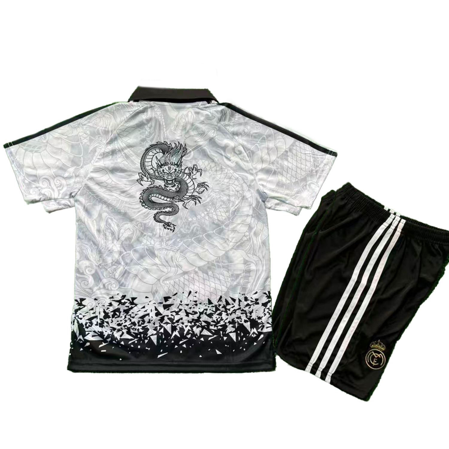 AlphaJersey-Real Madrid 25-26 Black Dragon Pattern White Special Polo Kids Kit