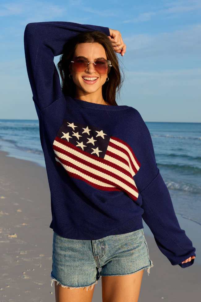 Home Of The Free Navy Textured Flag Sweater DOORBUSTER | Elegant Women's Fashion by coolavocek