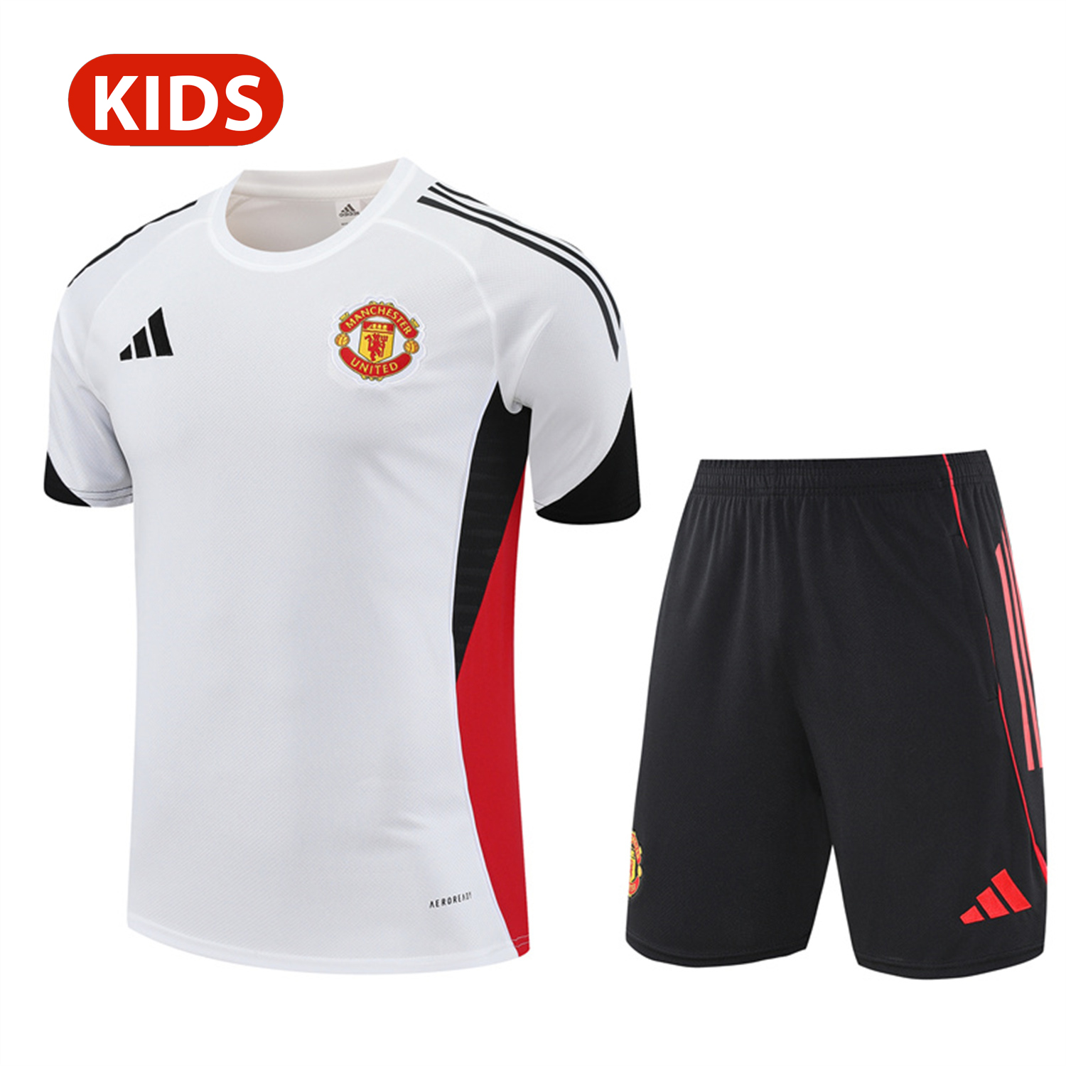 AlphaJersey-Manchester United 25-26 Kid Short-Sleeve Training Set - White Top & Black Shorts