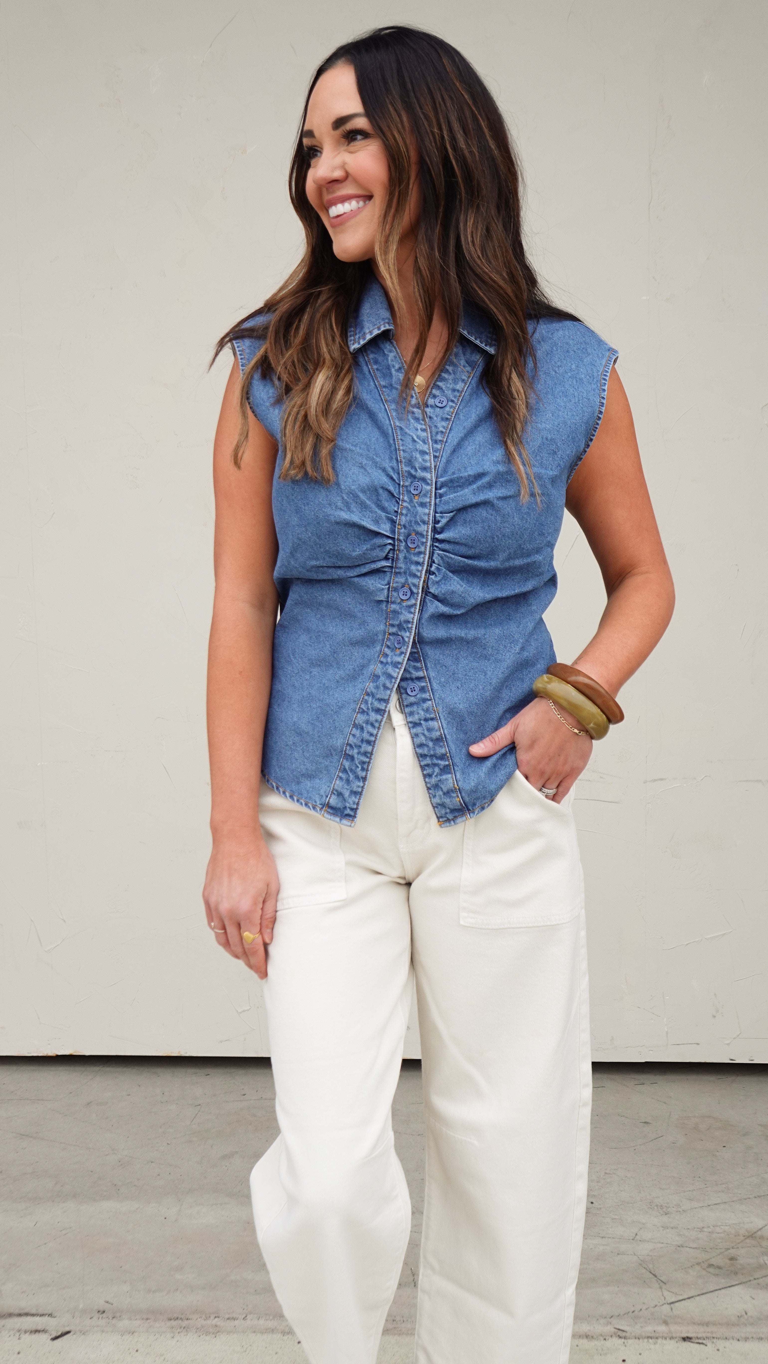 Denim Button-Front Sleeveless Top | Elegant Women's Fashion by coolavocek