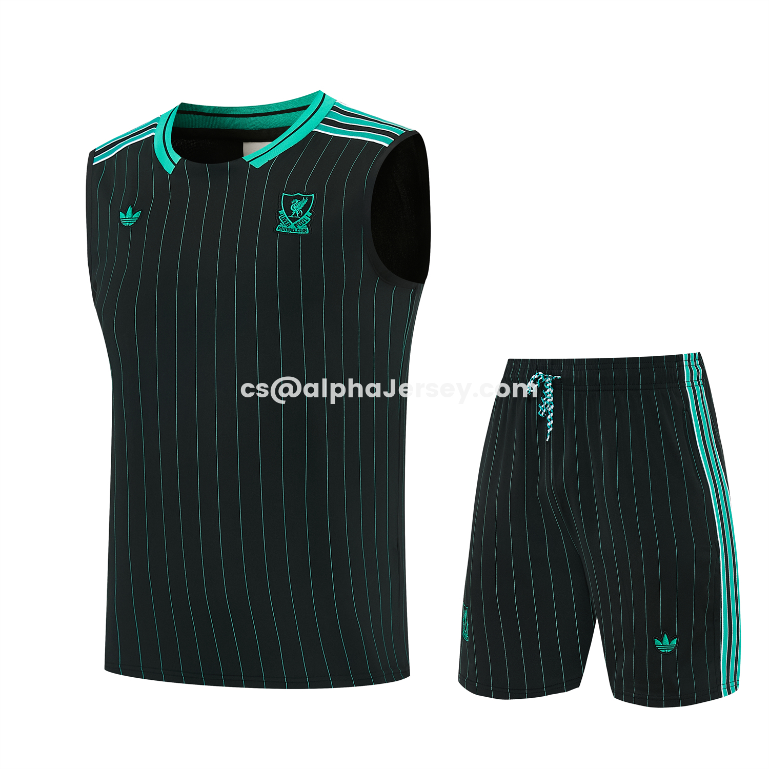 AJ-AlphaJersey-Liver.pool 25-26 Retro Style Vest Training Set - Black With Turquoise Stripes Top & Pants