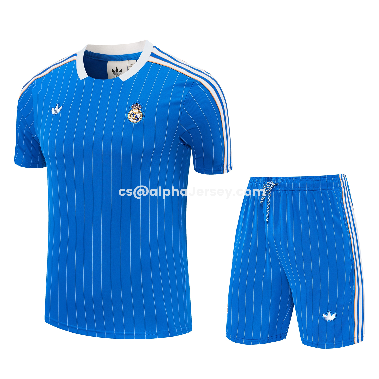 AJ-AlphaJersey-Real Madrid 25-26 Retro Style Short-Sleeve Training Set - Blue With White Stripes Top & Pants