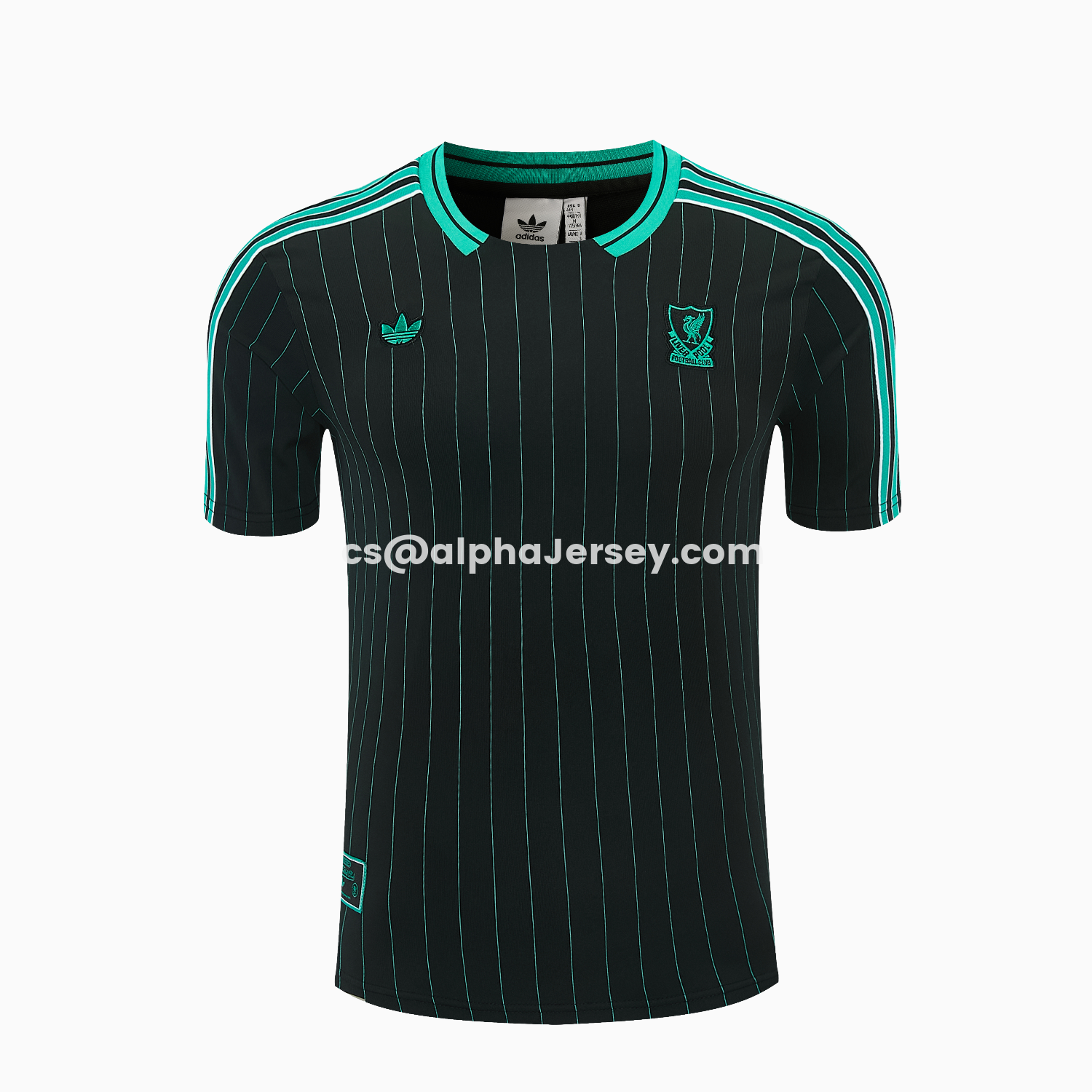 AJ-AlphaJersey-Liver.pool 25-26 Retro Style Short-Sleeve Training Set - Black With Teal Stripes And Accents Top & Pants