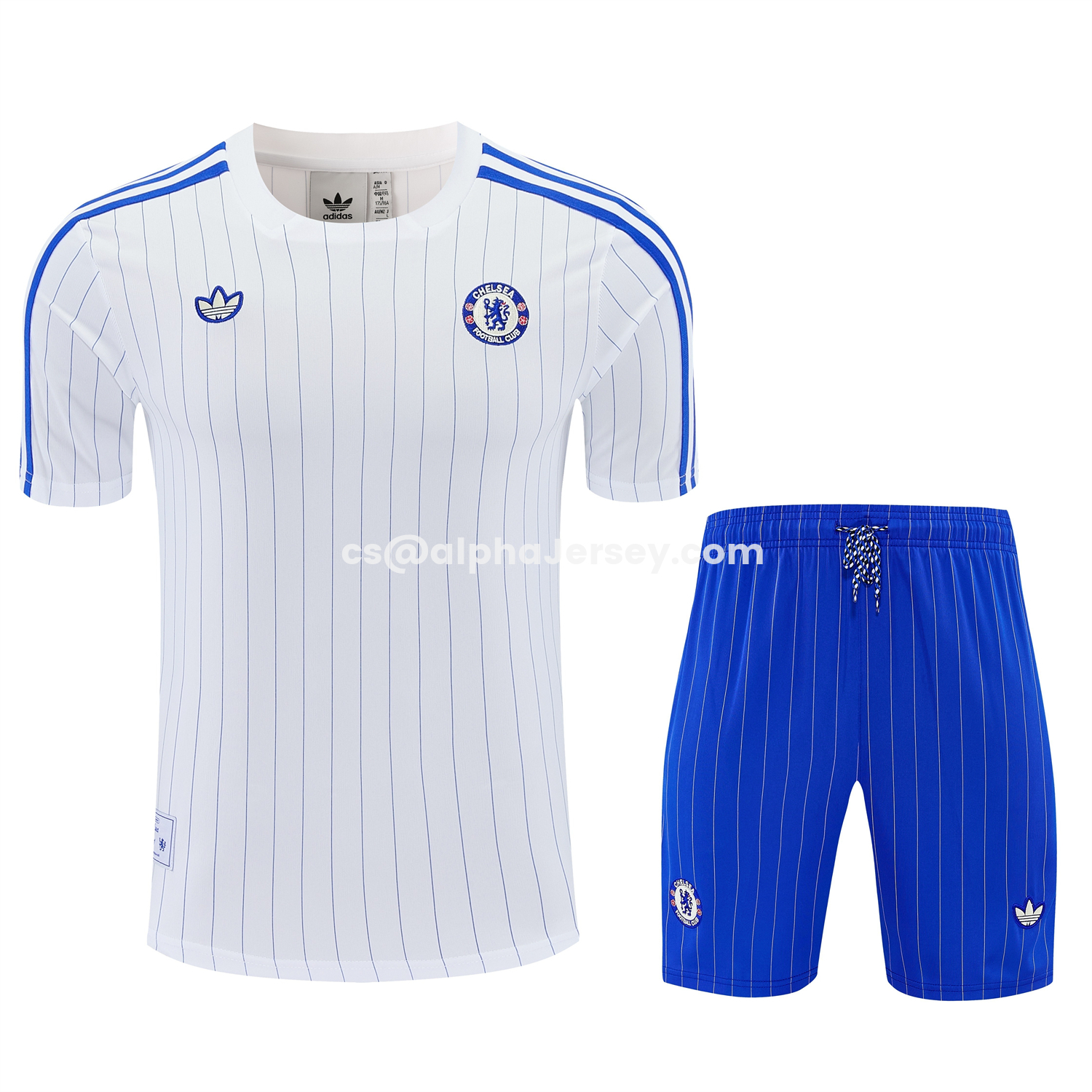 AJ-AlphaJersey-C.H.E.L.S.E.A 25-26 Retro Style Short-Sleeve Training Set - White Top & Blue Stripes Pants
