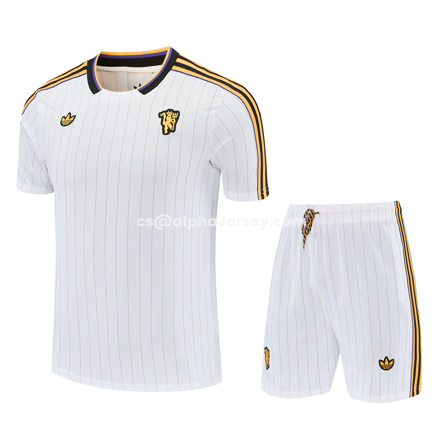 AJ-AlphaJersey-Manchester United 25-26 Retro Style Short-Sleeve Training Set - White With Thin Black Stripes Top & Pants
