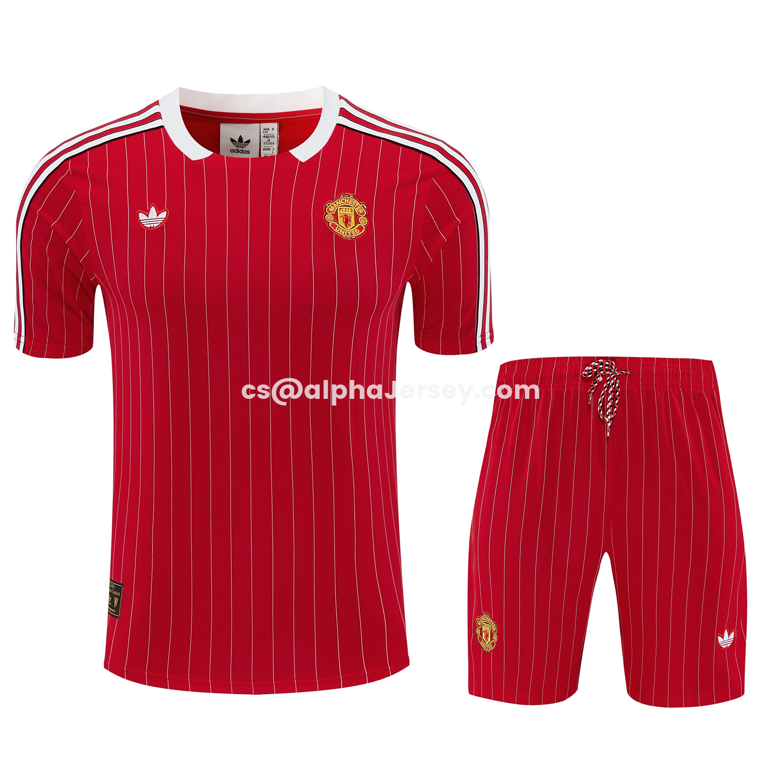 AJ-AlphaJersey-Manchester United 25-26 Retro Style Short-Sleeve Training Set - Red With White Stripes Top & Pants