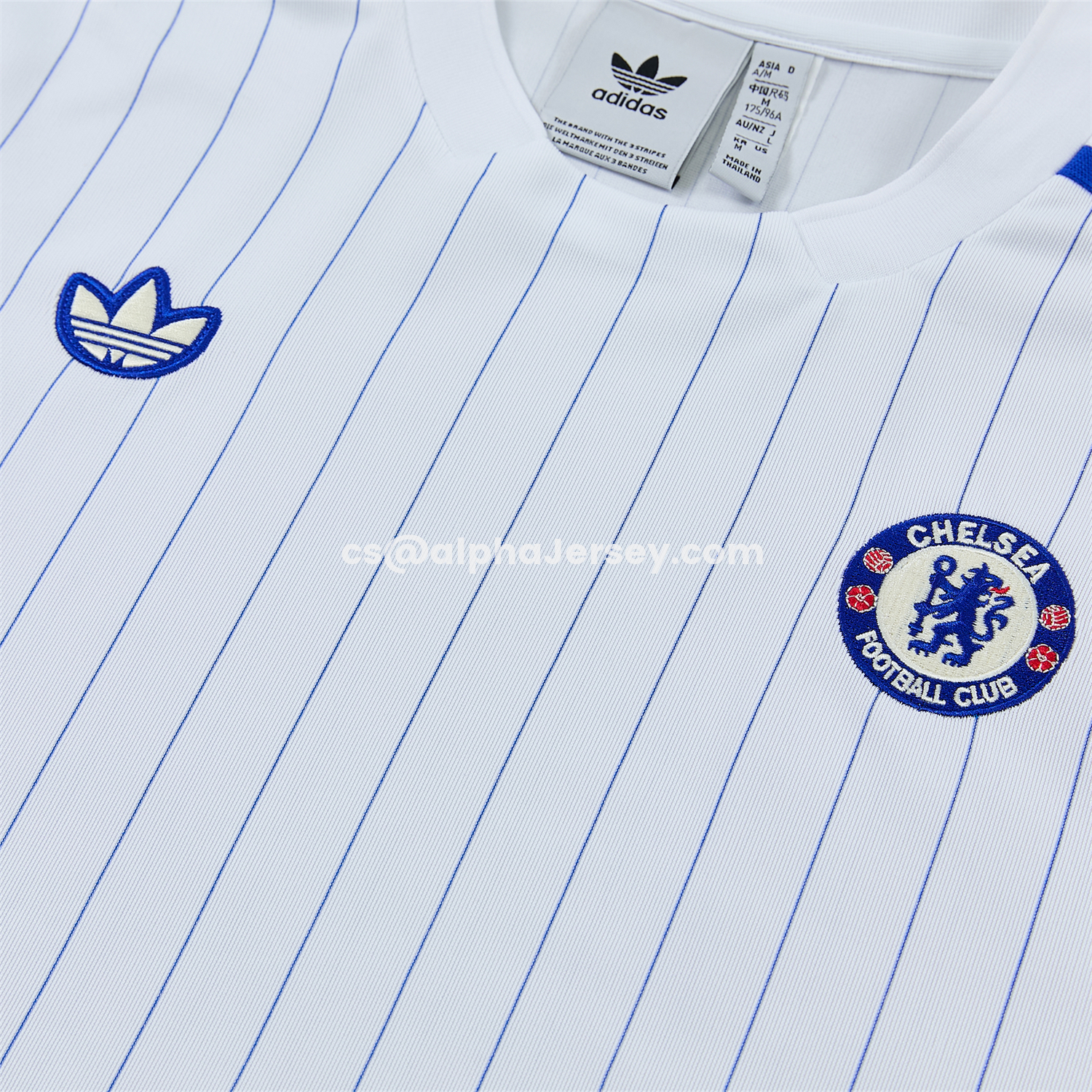 AJ-AlphaJersey-C.H.E.L.S.E.A 25-26 Retro Style Short-Sleeve Training Set - White Top & Blue Stripes Pants
