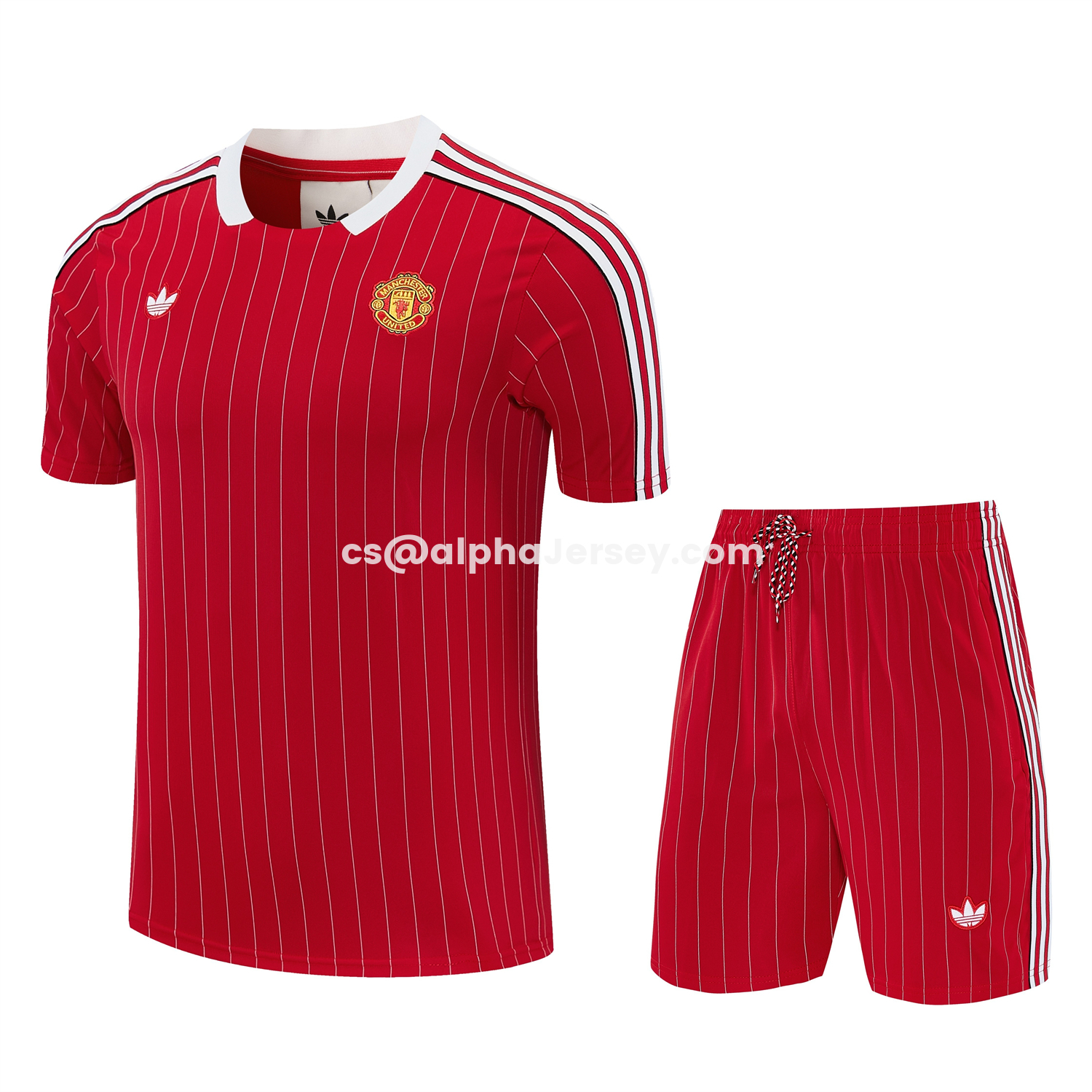 AJ-AlphaJersey-Manchester United 25-26 Retro Style Short-Sleeve Training Set - Red With White Stripes Top & Pants