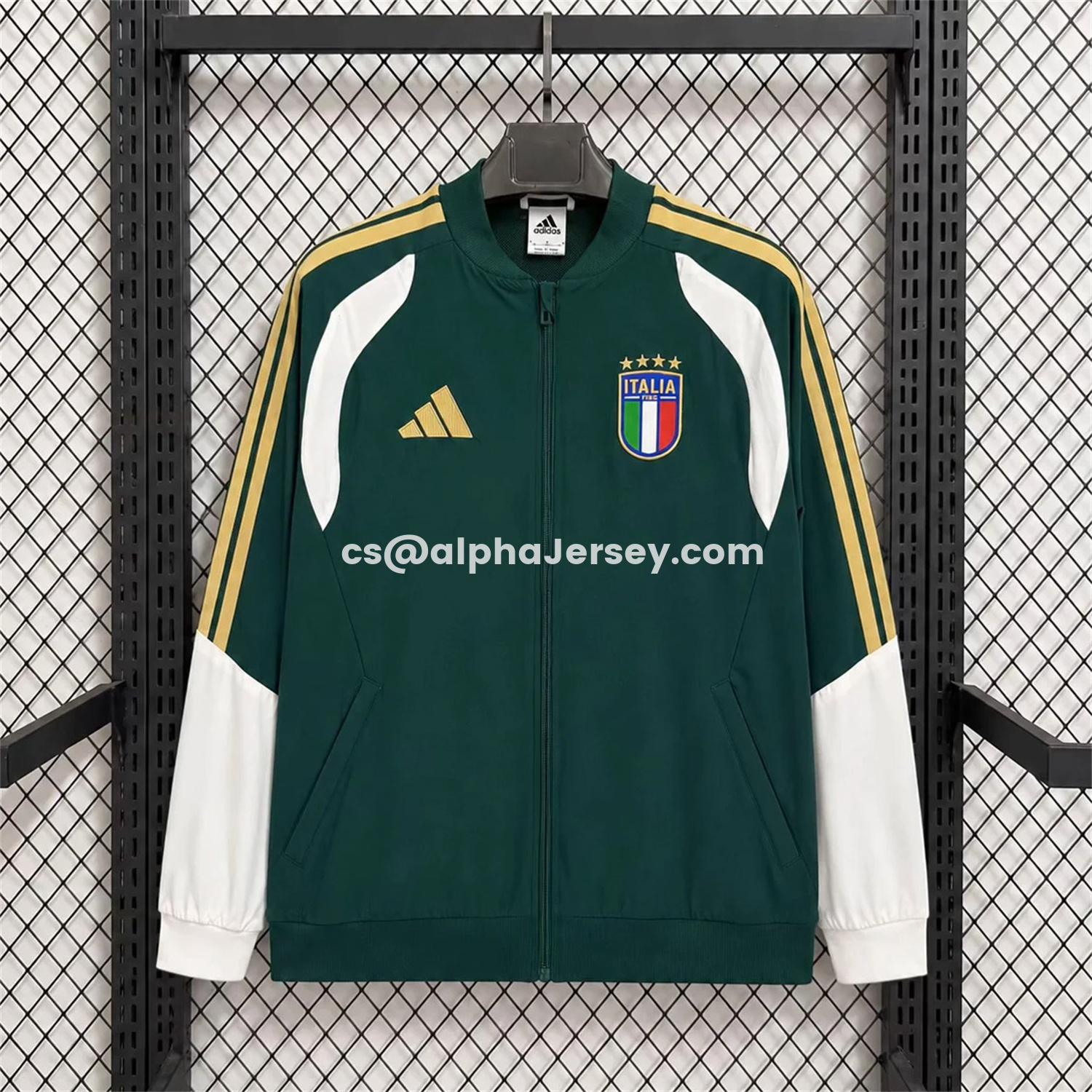 AJ-AlphaJersey-Italy 2026 Retro Style Windbreaker Jacket - Dark Green With White Sleeves