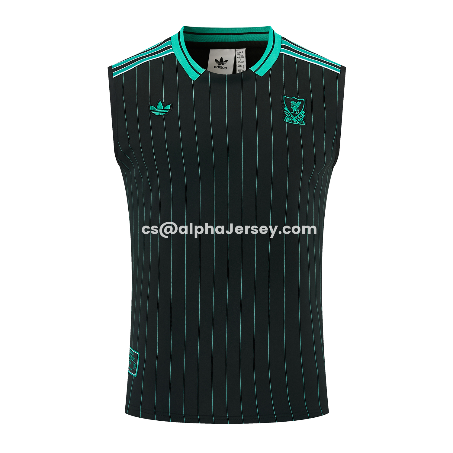 AJ-AlphaJersey-Liver.pool 25-26 Retro Style Vest Training Set - Black With Turquoise Stripes Top & Pants