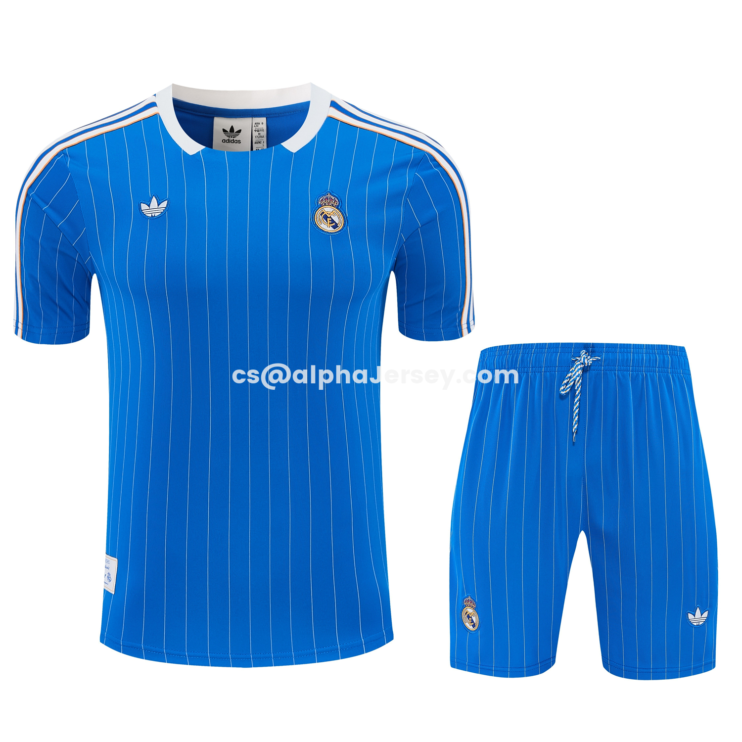 AJ-AlphaJersey-Real Madrid 25-26 Retro Style Short-Sleeve Training Set - Blue With White Stripes Top & Pants