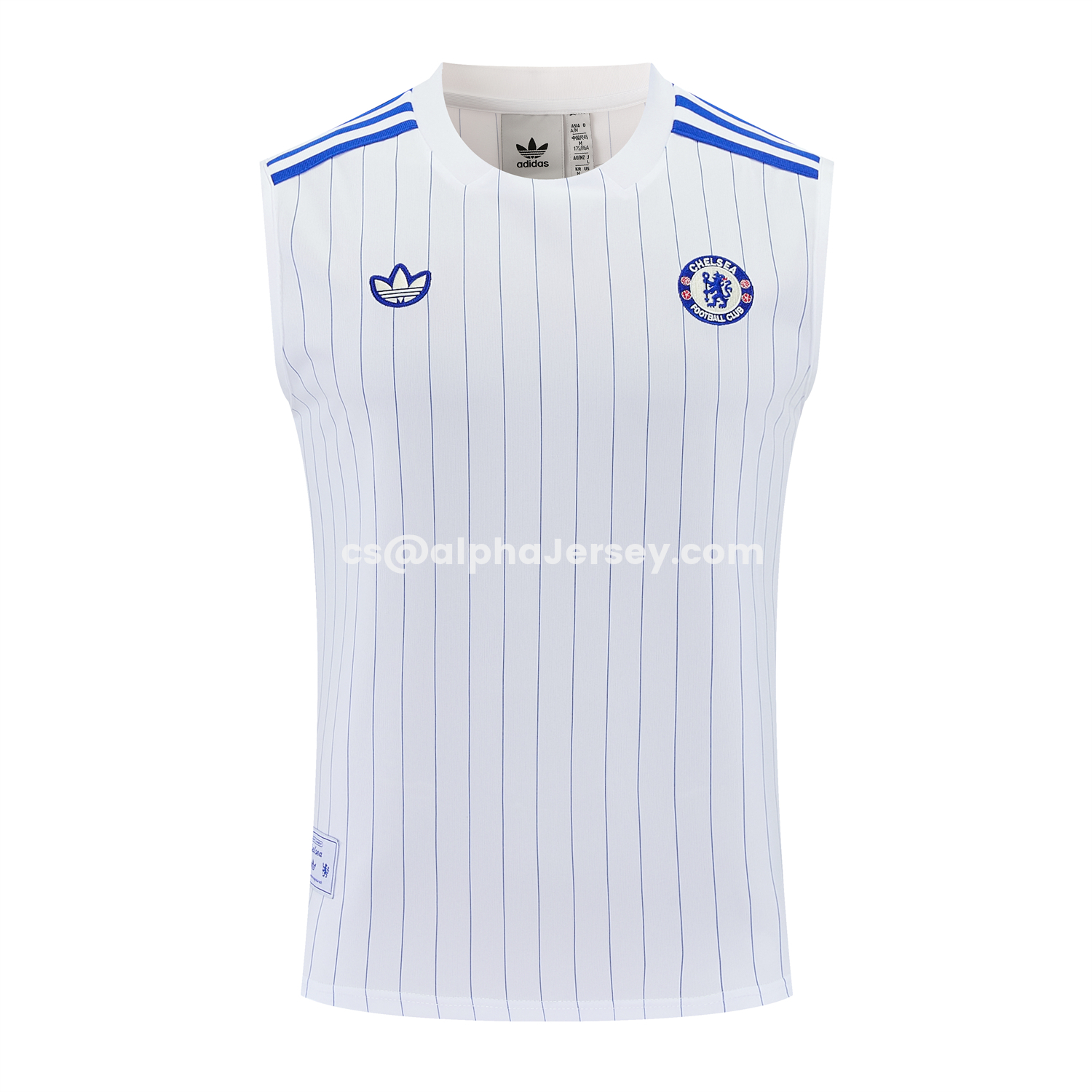 AJ-AlphaJersey-C.H.E.L.S.E.A 25-26 Retro Style Vest Training Set - White Top & Blue Stripes Pants