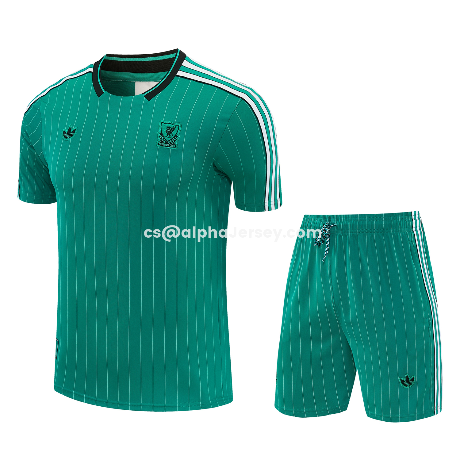 AJ-AlphaJersey-Liver.pool 25-26 Retro Style Short-Sleeve Training Set - Green With White Stripes Top & Pants