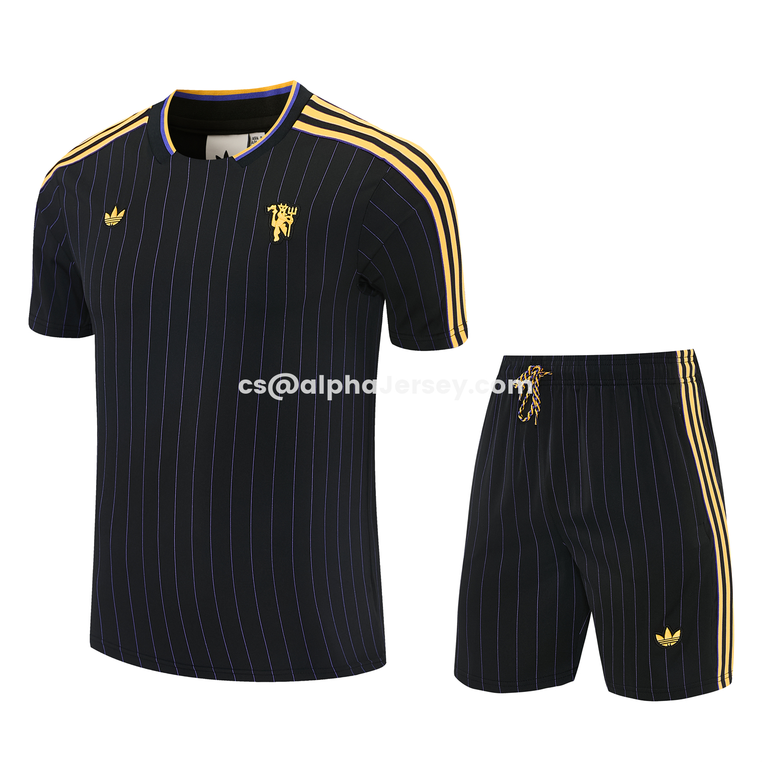AJ-AlphaJersey-Manchester United 25-26 Retro Style Short-Sleeve Training Set - Black With Yellow Accents Top & Pants