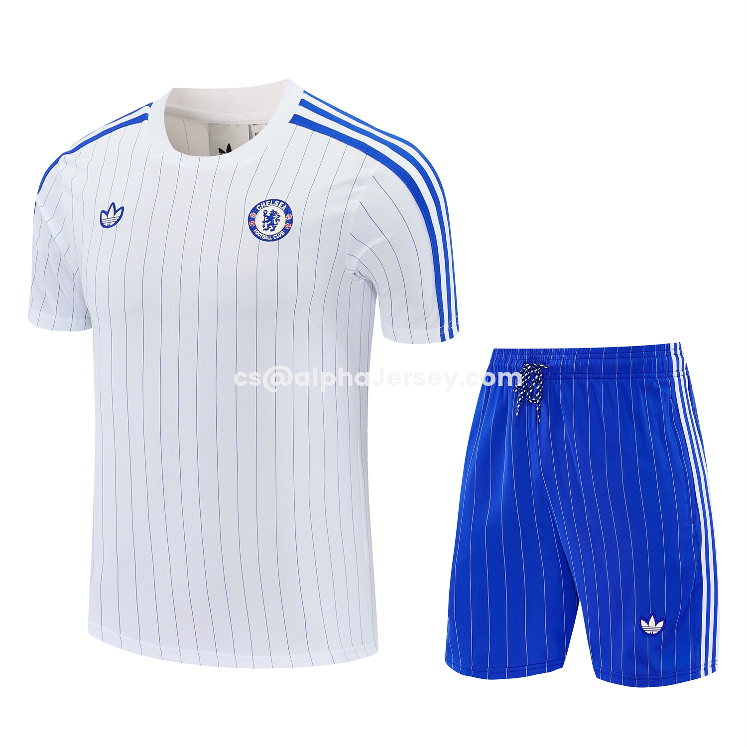 AJ-AlphaJersey-C.H.E.L.S.E.A 25-26 Retro Style Short-Sleeve Training Set - White Top & Blue Stripes Pants