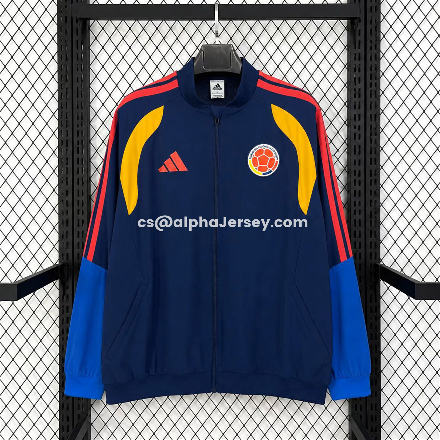 AJ-AlphaJersey-Colombia 2026 Retro Style Windbreaker Jacket - Dark Blue With Yellow Stripes