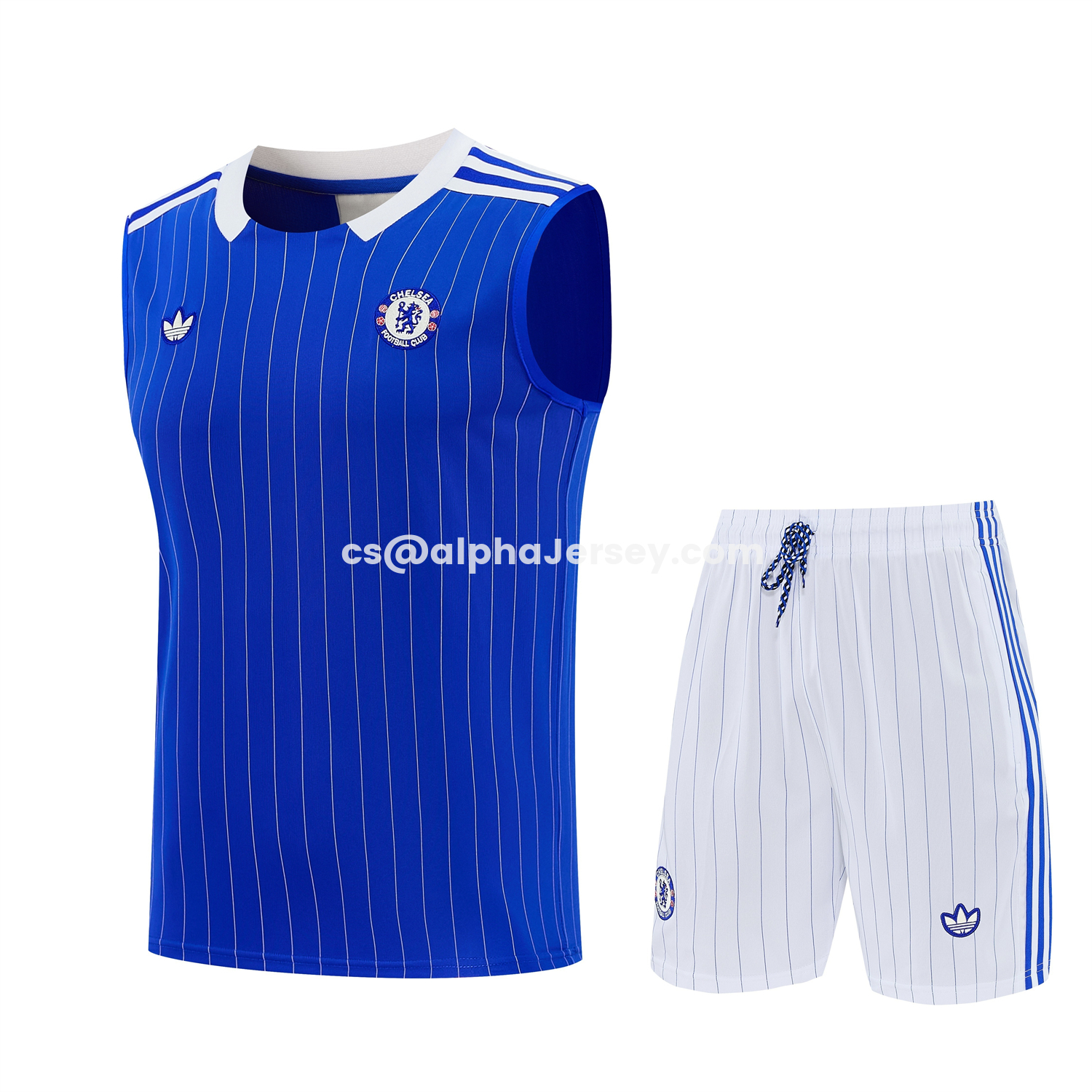 AJ-AlphaJersey-C.H.E.L.S.E.A 25-26 Retro Style Vest Training Set - Blue Top & White With Blue Stripes Pants