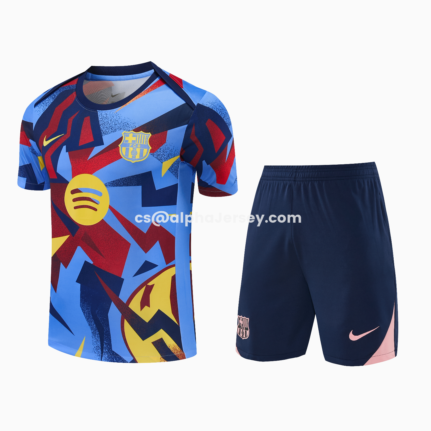 AJ-AlphaJersey-Barcelona 25-26 Short-Sleeve Training Set - Colors Top & Dark Blue With A Small Pink Detail Pants
