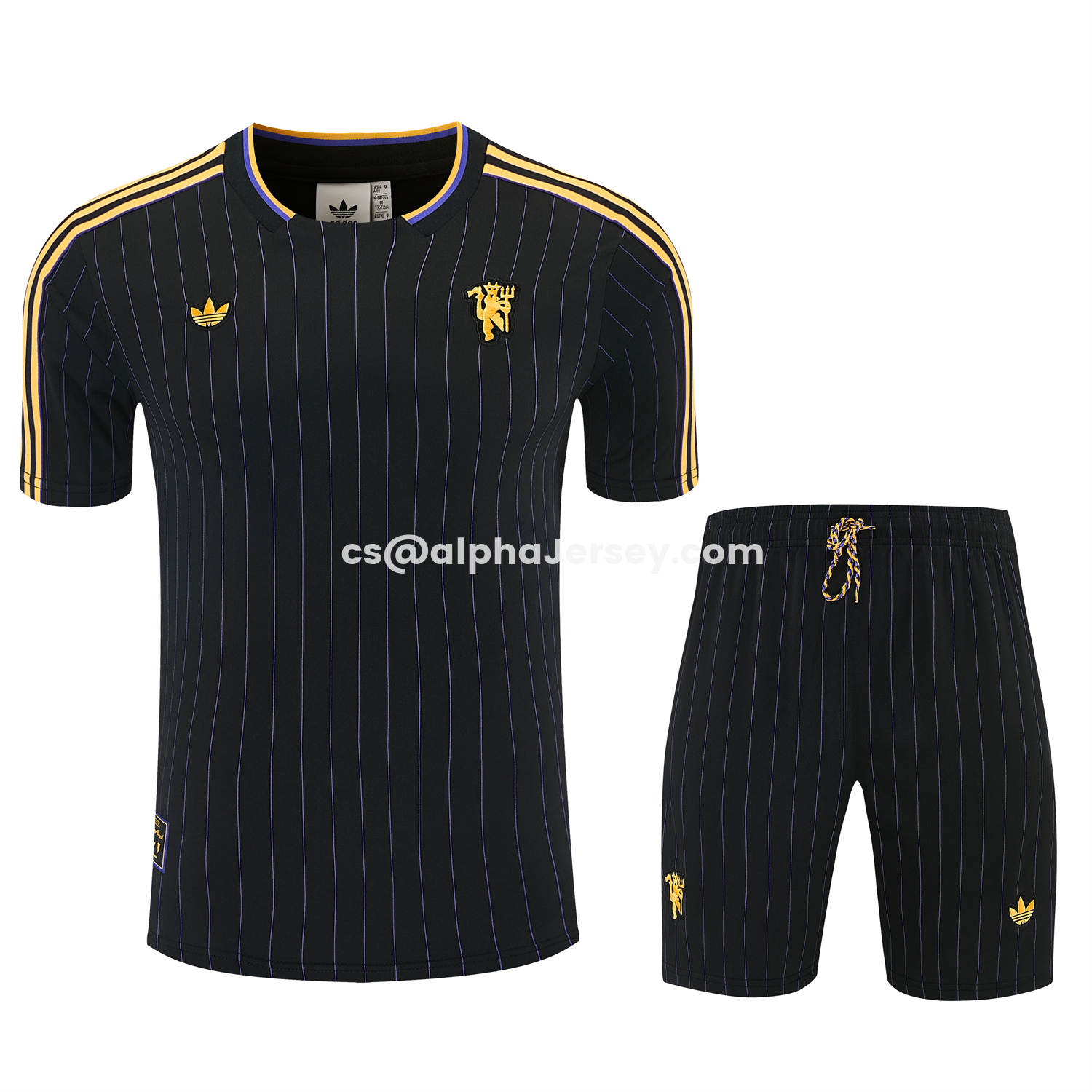 AJ-AlphaJersey-Manchester United 25-26 Retro Style Short-Sleeve Training Set - Black With Yellow Accents Top & Pants