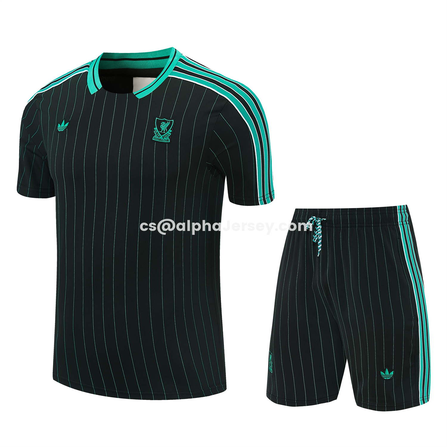 AJ-AlphaJersey-Liver.pool 25-26 Retro Style Short-Sleeve Training Set - Black With Teal Stripes And Accents Top & Pants
