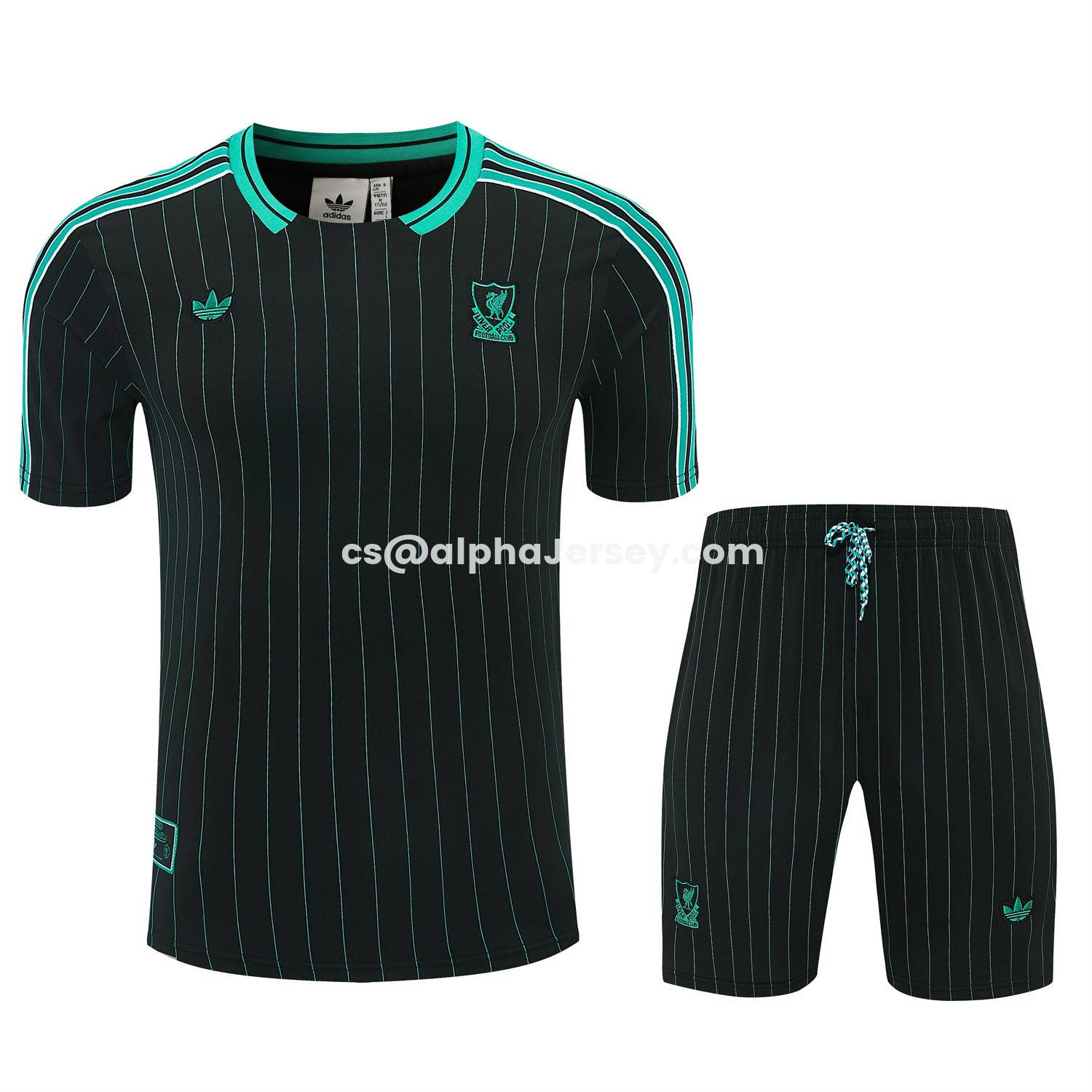 AJ-AlphaJersey-Liver.pool 25-26 Retro Style Short-Sleeve Training Set - Black With Teal Stripes And Accents Top & Pants