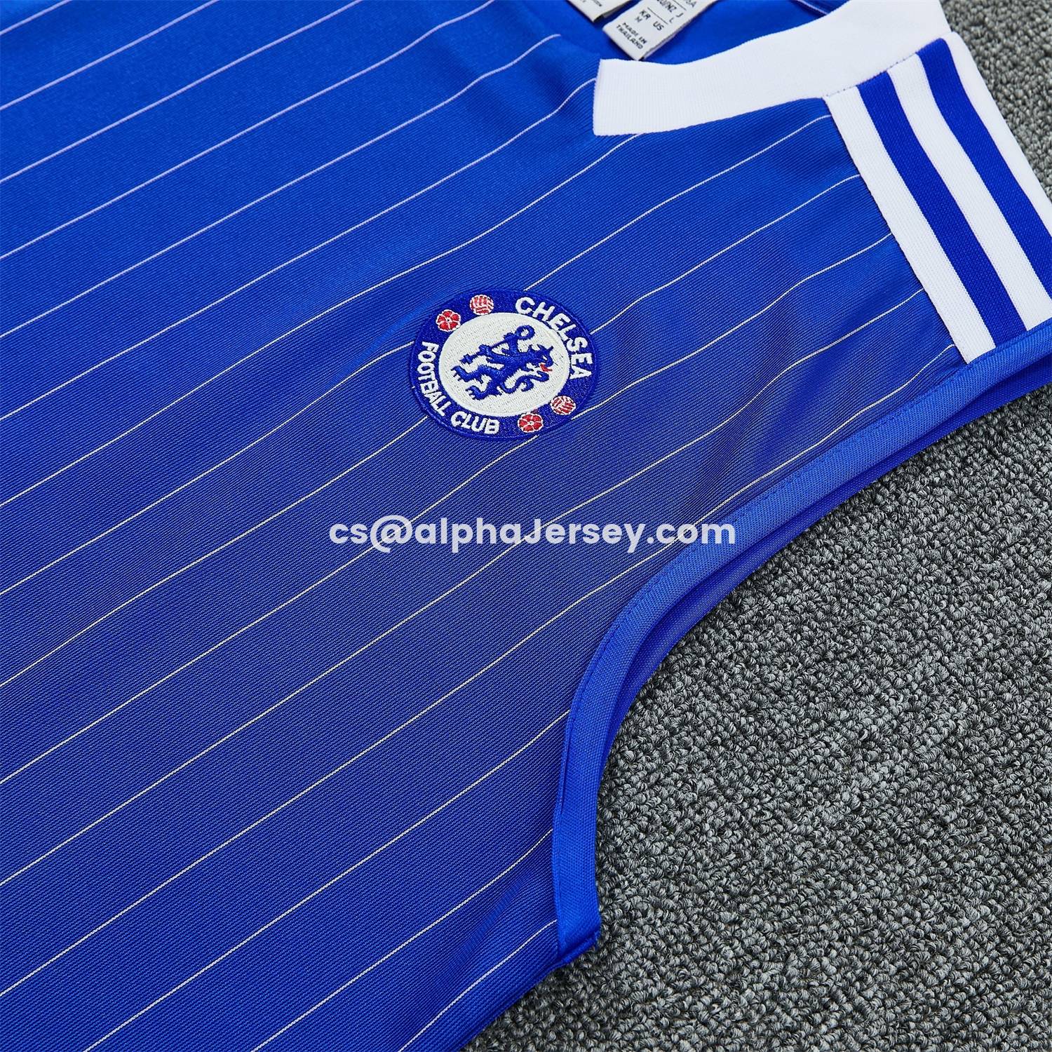 AJ-AlphaJersey-C.H.E.L.S.E.A 25-26 Retro Style Vest Training Set - Blue Top & White With Blue Stripes Pants