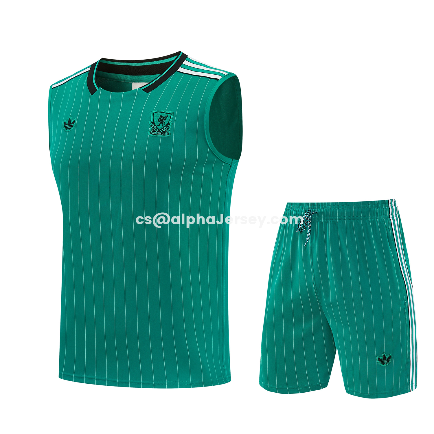 AJ-AlphaJersey-Liver.pool 25-26 Retro Style Vest Training Set - Green With White Stripes Top & Pants