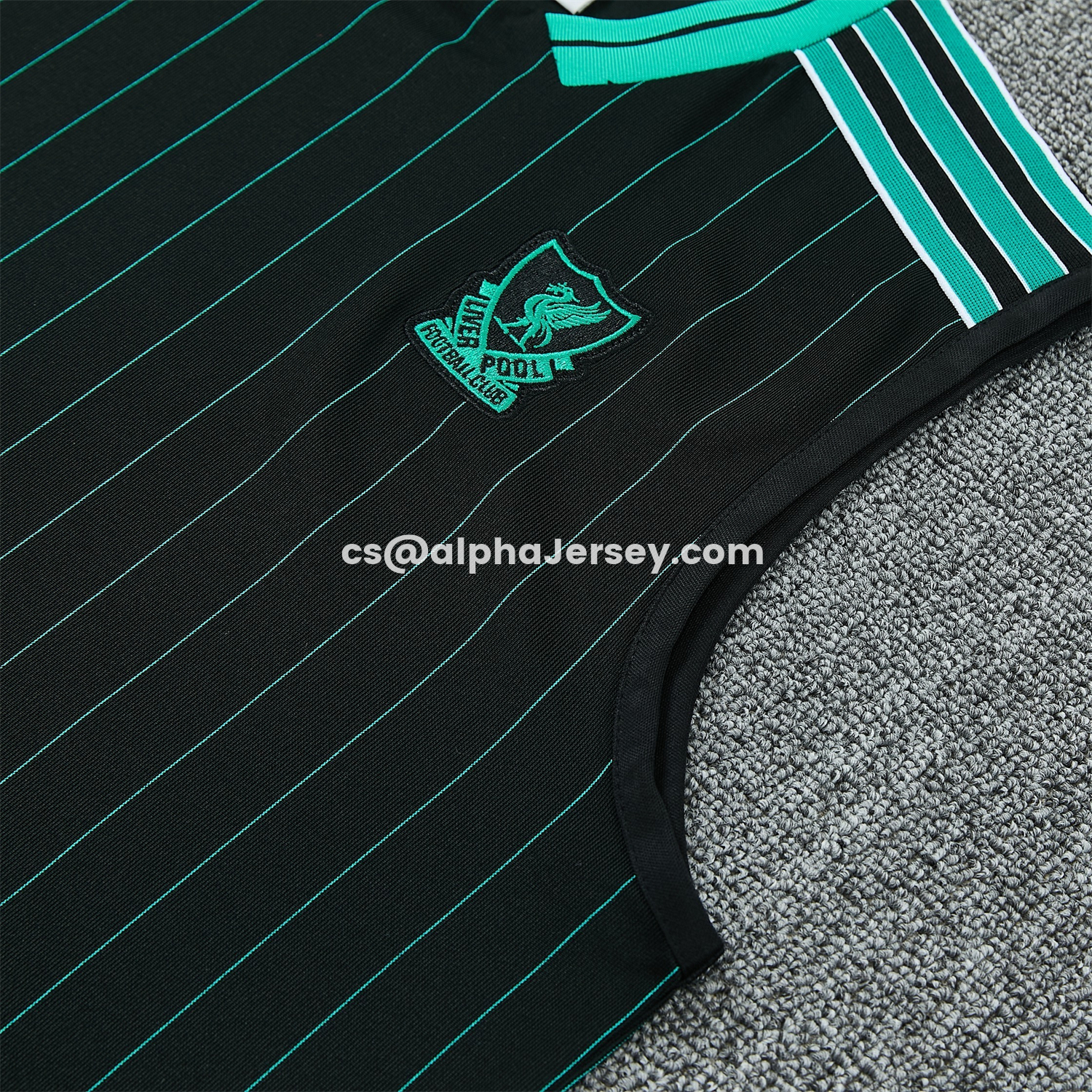 AJ-AlphaJersey-Liver.pool 25-26 Retro Style Vest Training Set - Black With Turquoise Stripes Top & Pants
