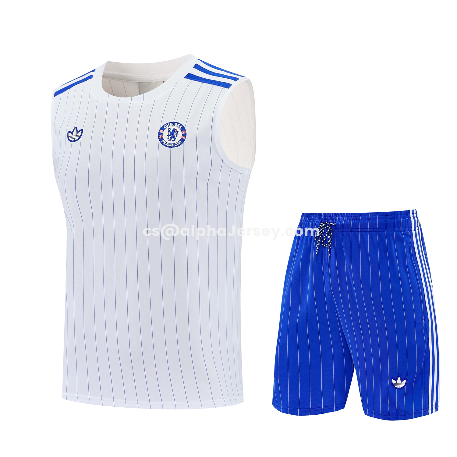 AJ-AlphaJersey-C.H.E.L.S.E.A 25-26 Retro Style Vest Training Set - White Top & Blue Stripes Pants