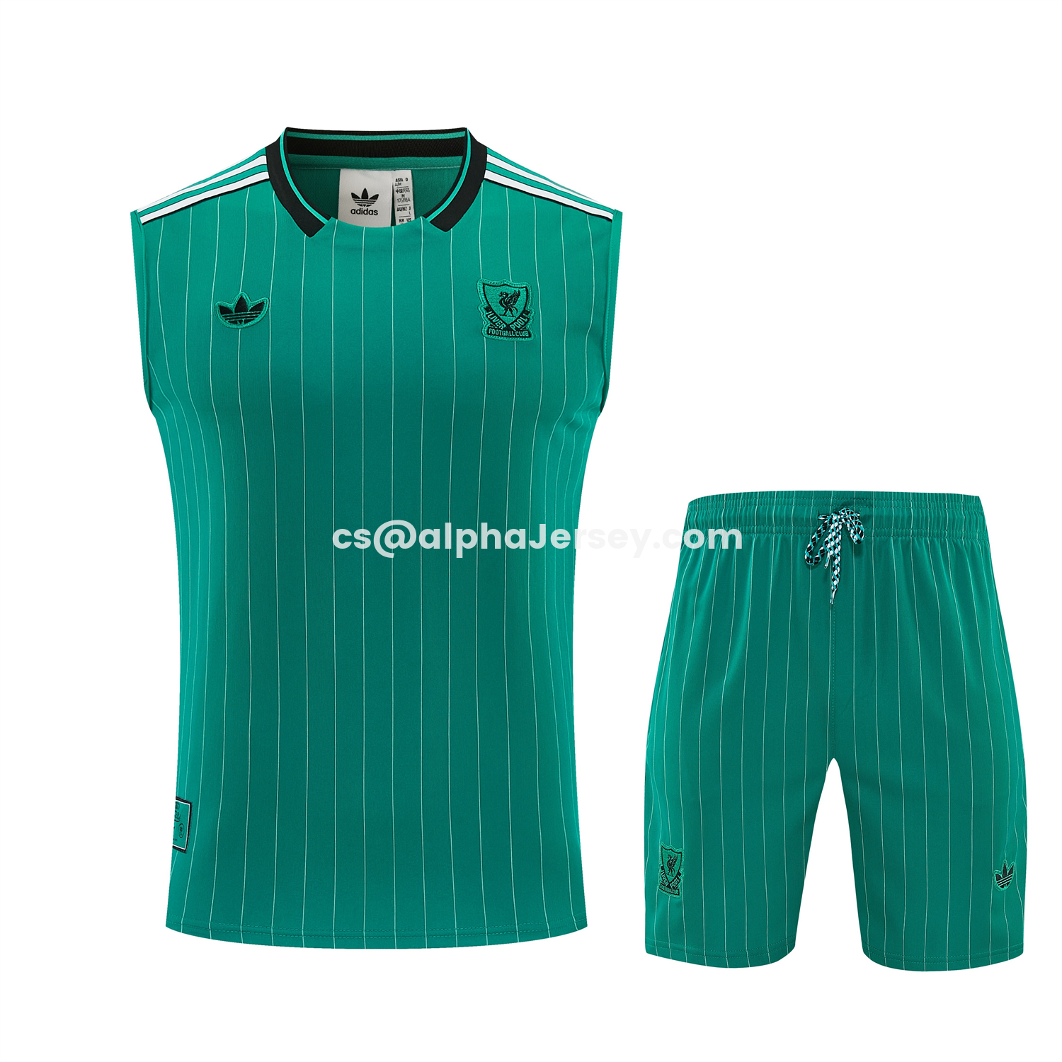 AJ-AlphaJersey-Liver.pool 25-26 Retro Style Vest Training Set - Green With White Stripes Top & Pants