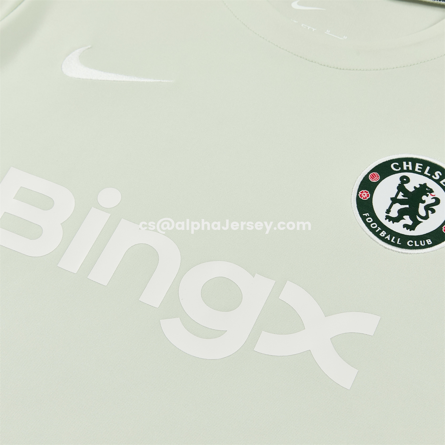 AJ-AlphaJersey-C.H.E.L.S.E.A 25-26 Short-Sleeve Training Set - Light Gray With Dark Green Accents Top & Dark Green Pants