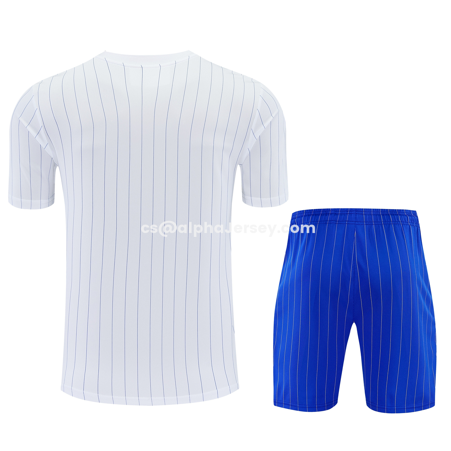 AJ-AlphaJersey-C.H.E.L.S.E.A 25-26 Retro Style Short-Sleeve Training Set - White Top & Blue Stripes Pants