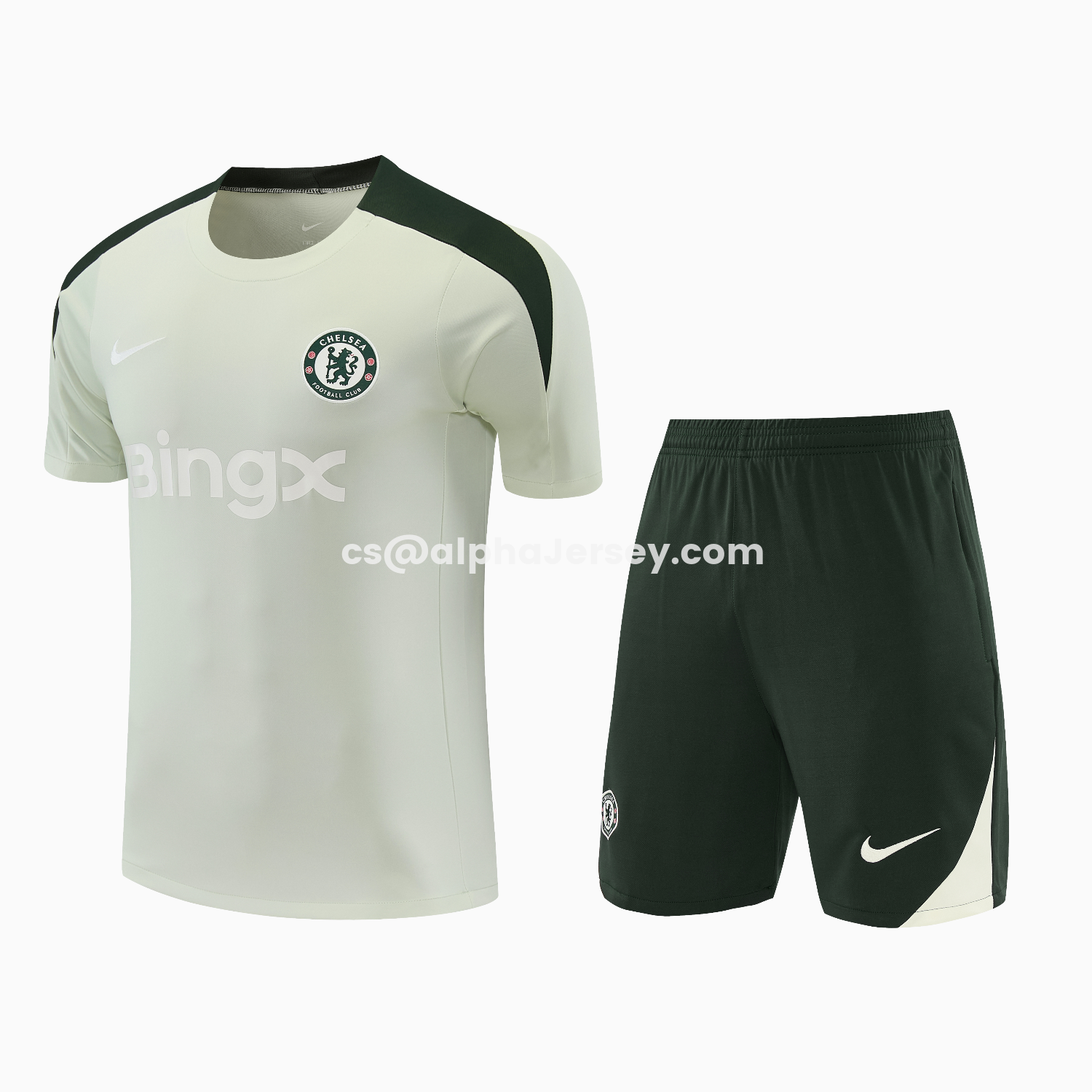 AJ-AlphaJersey-C.H.E.L.S.E.A 25-26 Short-Sleeve Training Set - Light Gray With Dark Green Accents Top & Dark Green Pants