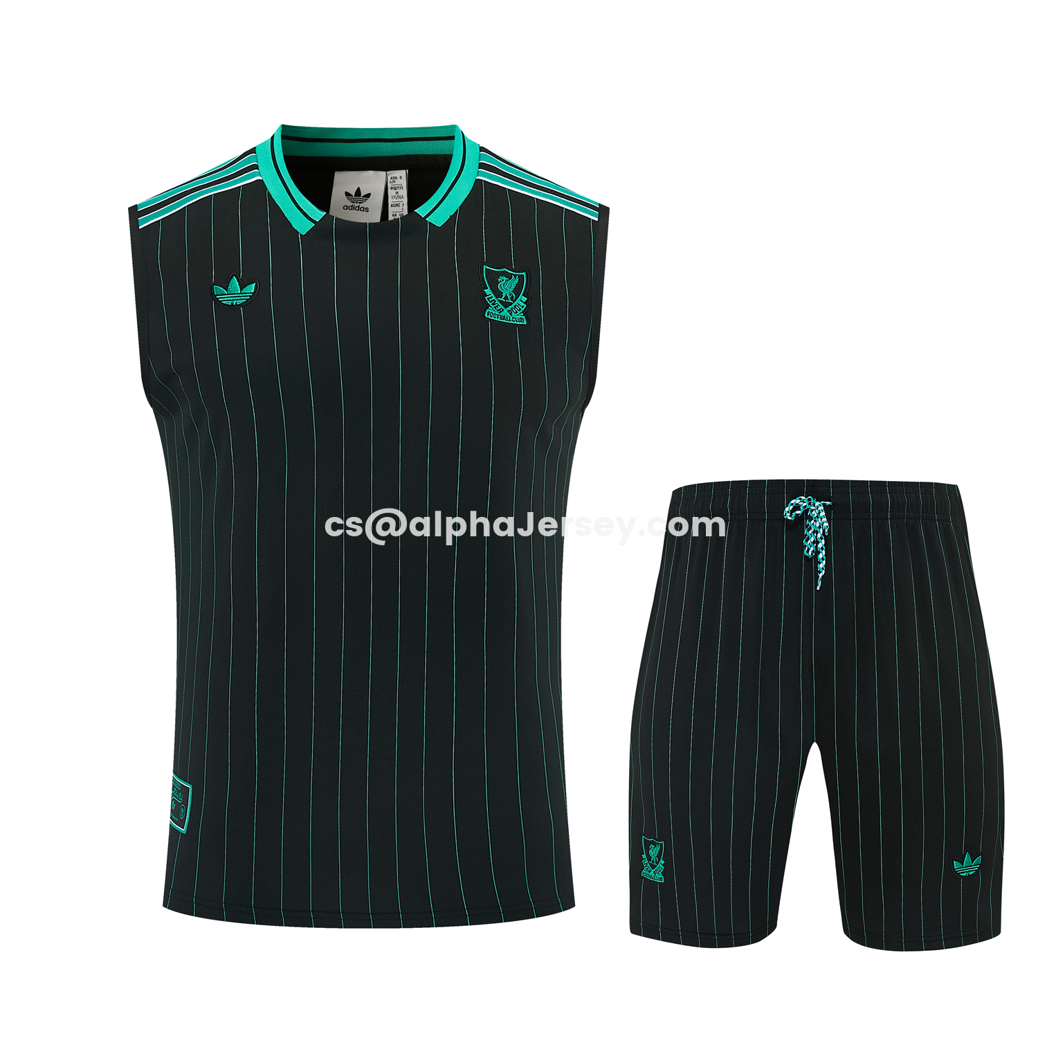 AJ-AlphaJersey-Liver.pool 25-26 Retro Style Vest Training Set - Black With Turquoise Stripes Top & Pants