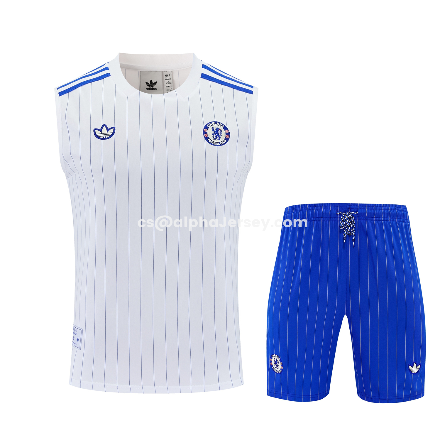 AJ-AlphaJersey-C.H.E.L.S.E.A 25-26 Retro Style Vest Training Set - White Top & Blue Stripes Pants