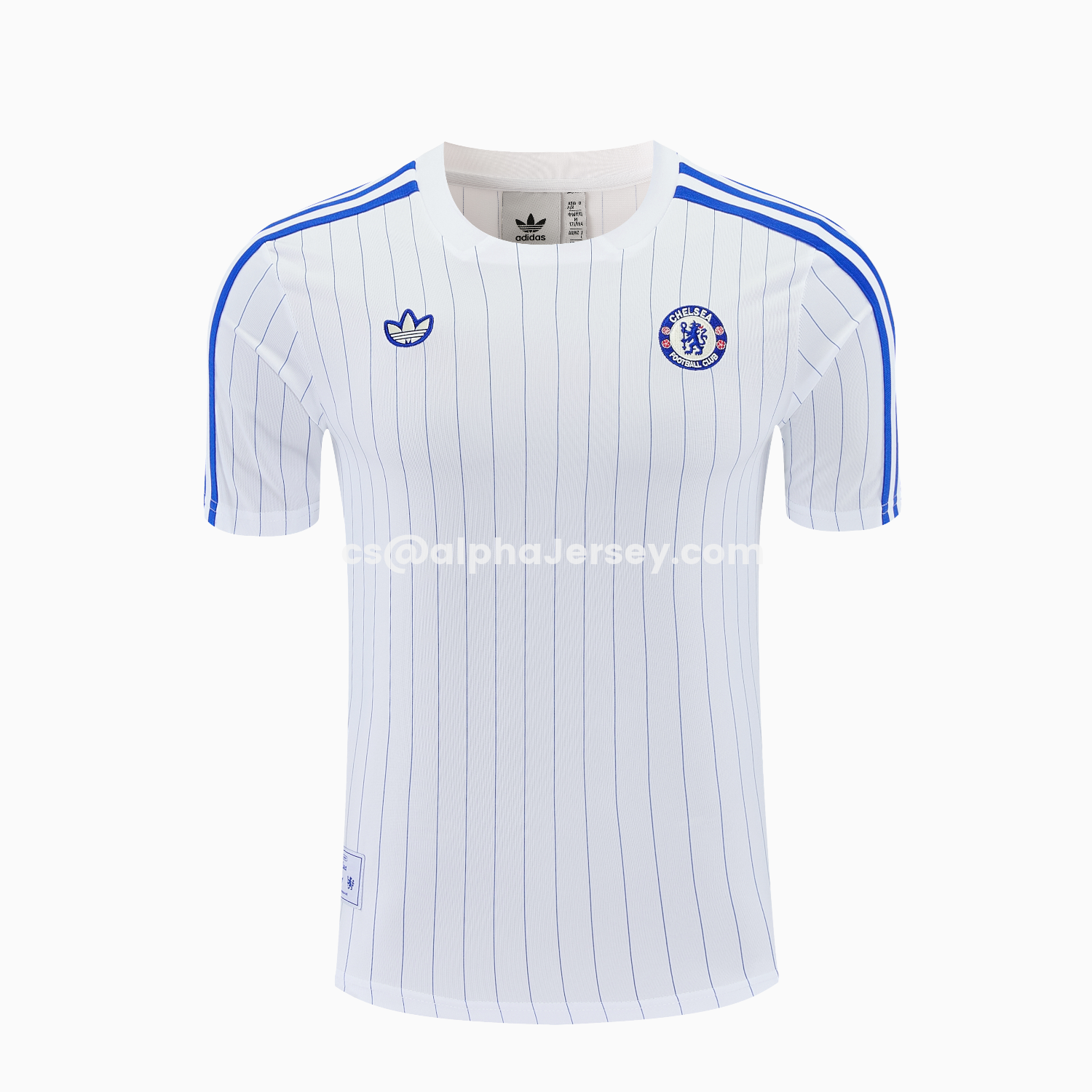 AJ-AlphaJersey-C.H.E.L.S.E.A 25-26 Retro Style Short-Sleeve Training Set - White Top & Blue Stripes Pants