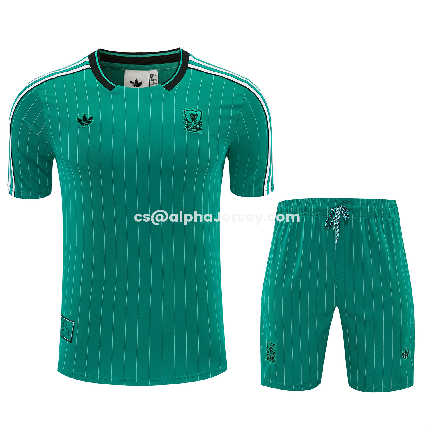 AJ-AlphaJersey-Liver.pool 25-26 Retro Style Short-Sleeve Training Set - Green With White Stripes Top & Pants