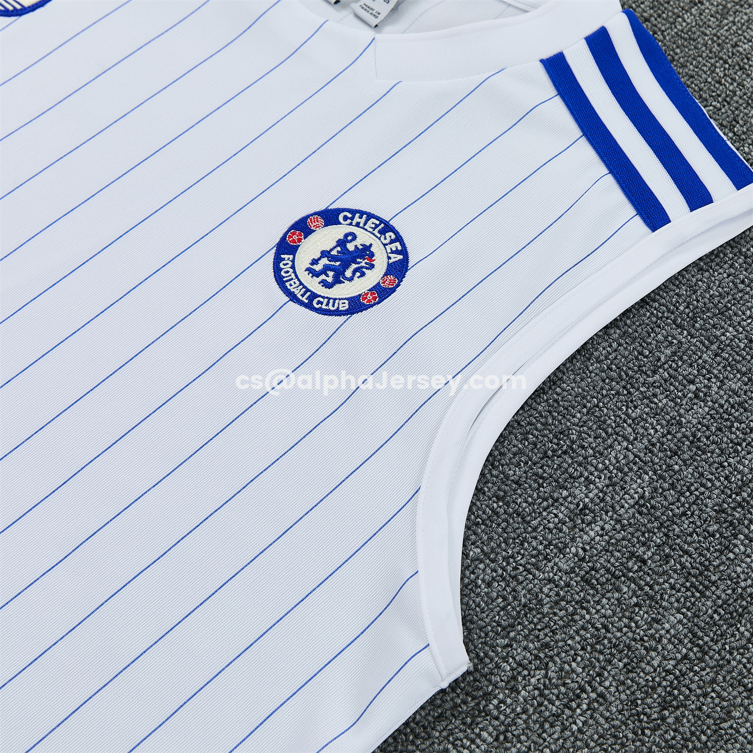 AJ-AlphaJersey-C.H.E.L.S.E.A 25-26 Retro Style Vest Training Set - White Top & Blue Stripes Pants