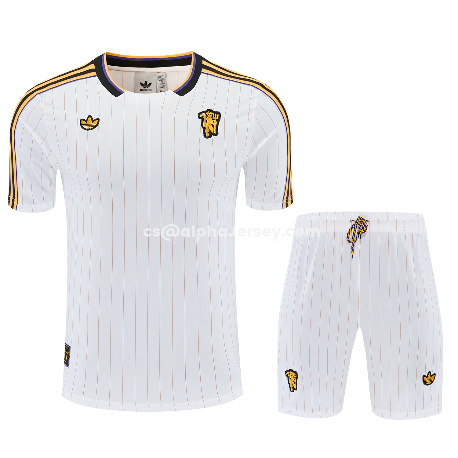 AJ-AlphaJersey-Manchester United 25-26 Retro Style Short-Sleeve Training Set - White With Thin Black Stripes Top & Pants