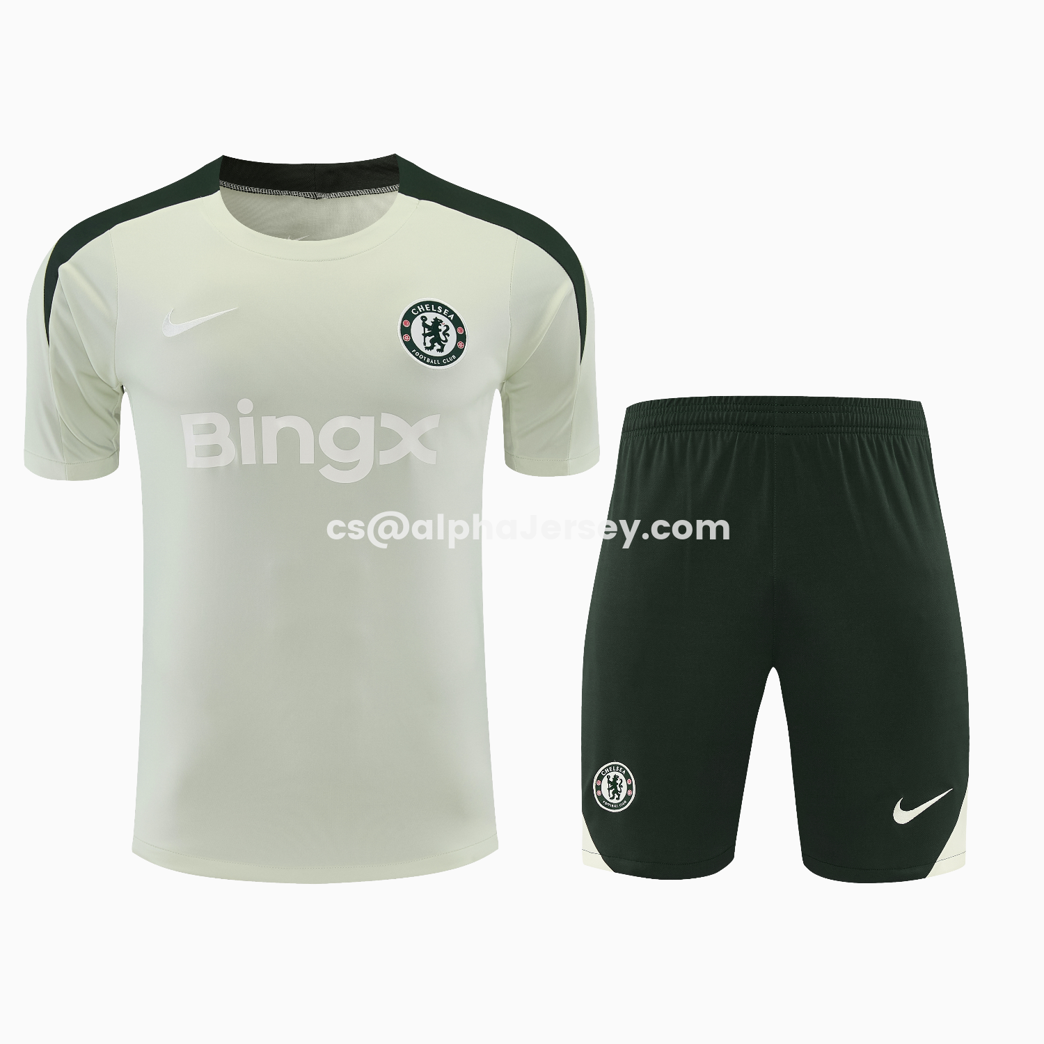 AJ-AlphaJersey-C.H.E.L.S.E.A 25-26 Short-Sleeve Training Set - Light Gray With Dark Green Accents Top & Dark Green Pants