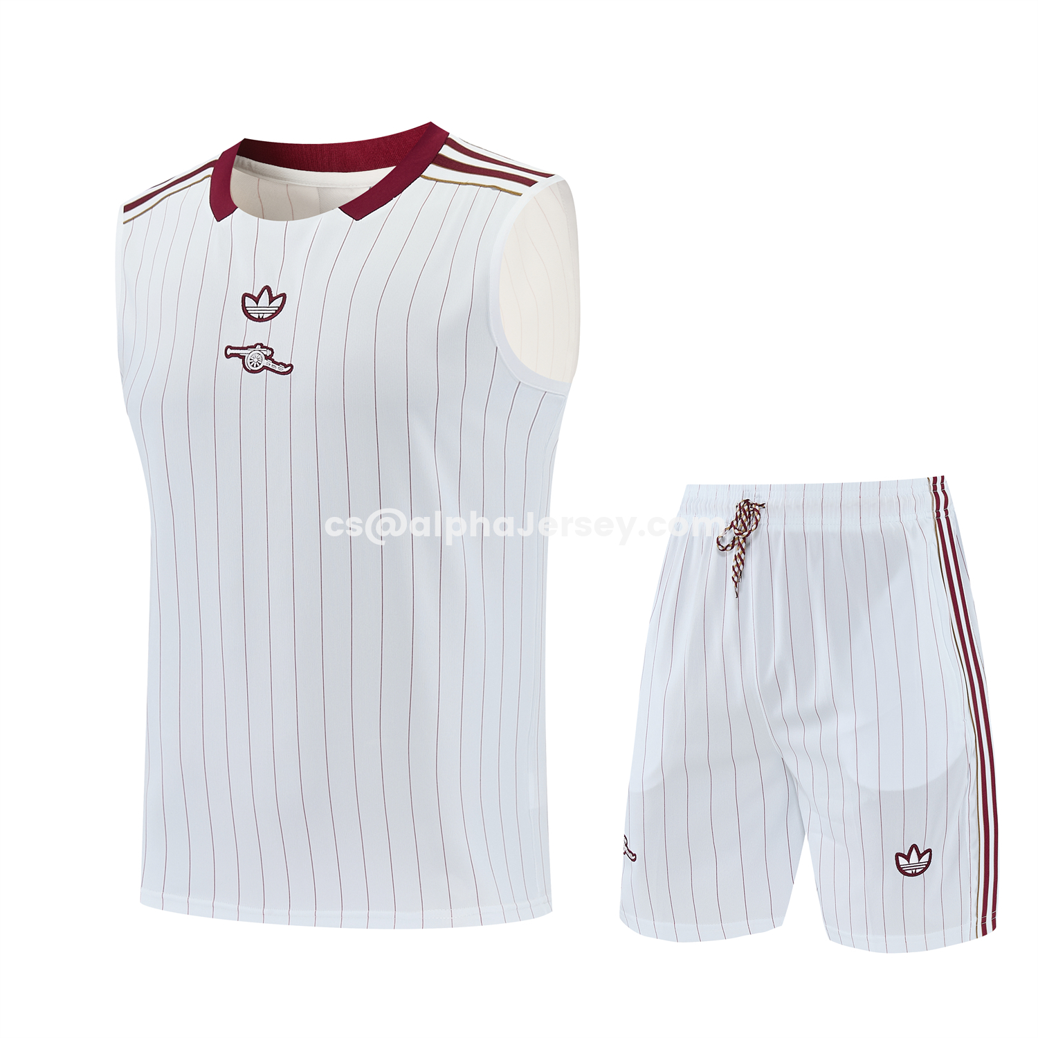 AJ-AlphaJersey-Arsenal 25-26 Retro Style Vest Training Set - White With Burgundy Stripes And Collar Top & Pants